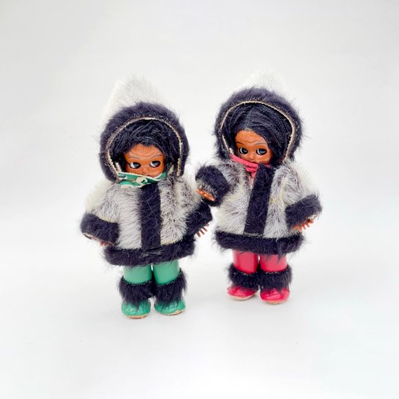 2 Vtg. 60s Knickerbocker/Carlson Mfg. 7" Hard Plastic Inuit-Eskimo-Native Doll - Picture 1 of 11